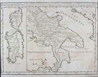 Map of Southern Italy, Corsica, and Sardinia known in Ancient Times as Great Greece or Magnia Graecia, early 18th century (engraving) | Obraz na stenu