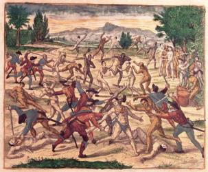 Pedro de Alvarado and his soldiers massacring the Aztecs, c.1520 (engraving) | Obraz na stenu