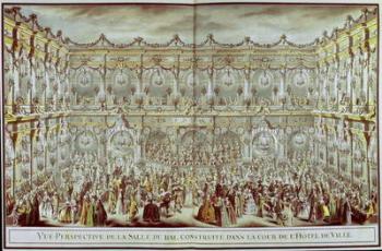 Perspective view of the ballroom constructed in the courtyard of the Hotel de Ville in Paris on the occasion of the Dauphin's first marriage to Marie-Therese (1638-83) Infanta of Spain (w/c on paper) | Obraz na stenu