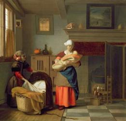 Nursemaid with baby in an interior and a young girl preparing the cradle | Obraz na stenu