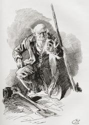 Mr. Boffin Among the Mounds. "He measured a shovel's length from the pole before digging. Then from the cavity he made he took out what appeared to be an ordinary case-bottle; one of those squat, high shouldered, short necked glass bottles which the Dutch | Obraz na stenu