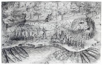 Fighting of Hurons, from 'Voyage de Champlain in 1624' by Samuel de Champlain (1567-1635) (engraving) (b/w photo) | Obraz na stenu