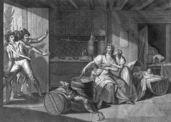 Act of heroic courage of a woman facing Vendean robbers having gained control of Saint-Mithier, 1793 (engraving) (b/w photo) | Obraz na stenu