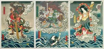 The actor Ichikawa Ebizo V as the deity Fudo Myoo rescuing Ichikawa Danjuro VIII as Honcho-maru Tsunagoro/Hiranoya Tokubei accompanied by other actors as Seitaka-Doji and Kongara-Doji, c.1850 (coloured woodblock) | Obraz na stenu