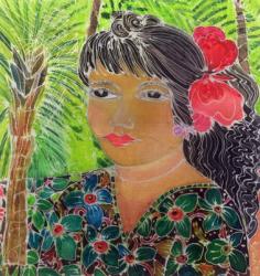 Lady with Hibiscus (coloured inks on silk) | Obraz na stenu