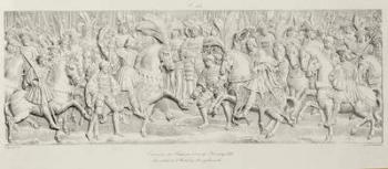 Meeting of Francois I and Henry VIII at the Field of the Cloth of Gold, after the carved stone relief in the Hotel de Bourgtheroulde, Rouen, Normandy, 1501-37, engraved by Godefroy Engelmann (1788-1839), 1823 (engraving) | Obraz na stenu
