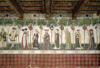 The Nine Worthies and the Nine Worthy Women, detail of Charlemagne, Godfrey de Bouillon, Delphine, Iynoppe, Hippolyte, Menalyppe, Semiramis, Lampeto and Tamyris, 1418-30 (fresco) | Obraz na stenu