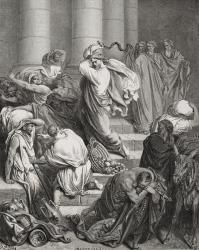 The Buyers and Sellers Driven Out of the Temple, Luke 19:45-46, illustration from Dore's 'The Holy Bible', engraved by Bertrands, 1866 (engraving) | Obraz na stenu