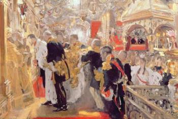 The Crowning of Emperor Nicholas II (1868-1918) in the Assumption Cathedral, 1896 (oil on canvas) | Obraz na stenu
