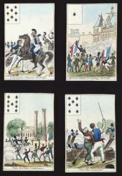 Four cards from a pack illustrated with propaganda scenes from the 1830 Revolution, Paris, 1831 (coloured engraving) | Obraz na stenu