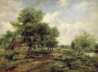 Wooded river landscape with a cottage and a horse drawn cart | Obraz na stenu