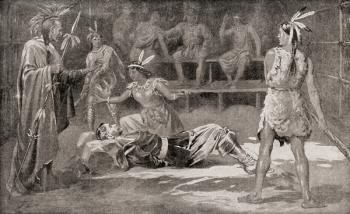 Pocahontas saving the life of John Smith in 1607. Captain John Smith, 1580  1631, Admiral of New England. English soldier, explorer and author. Pocahontas Matoaka, 1595-1617. Algonqiuan Indian princess. From The History of Our Country, published 1899 | Obraz na stenu