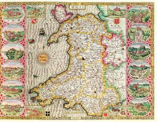 Wales, engraved by Jodocus Hondius (1563-1612) from John Speed's 'Theatre of the Empire of Great Britain', pub. by John Sudbury and George Humble, 1611-12 (hand coloured copper engraving) | Obraz na stenu