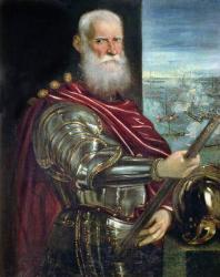Portrait of Sebastiano Vernier (d.1578) Commander-in-Chief of the Venetian forces in the war against the Ottoman Empire with the battle of Lepanto in the background, c.1571 (oil on canvas) | Obraz na stenu