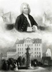 Portrait of Johann Sebastian Bach (1685-1750) and Monument, 1850 (engraving) | Obraz na stenu