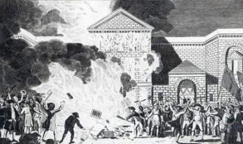 The Devastations occasioned by the Rioters of London firing the New Gaol of Newgate and burning Mr. Akerman's Furniture &c, June 6 1780, engraved by T. Thornton (engraving) | Obraz na stenu