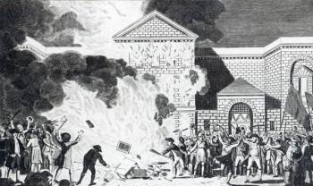 The Devastations occasioned by the Rioters of London firing the New Gaol of Newgate and burning Mr. Akerman's Furniture &c, June 6 1780, engraved by T. Thornton (engraving) | Obraz na stenu