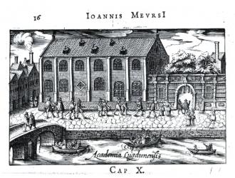 University of Leiden, from 'A Dutch Athens' by J. Meursius, pub. in 1625 (engraving) (b/w photo) | Obraz na stenu