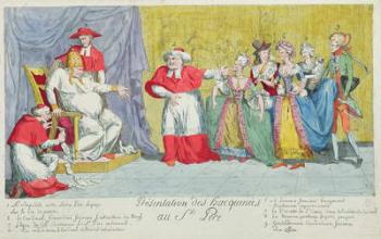 Presentation of the Mares to the Holy Father, caricature of the introduction of Adelaide (1732-1800) and Victoire de France (1733-99) to the Pope, 17th April 1791 (coloured engraving) | Obraz na stenu