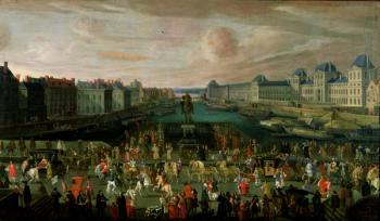 View of the Pont Neuf and the Chateau du Louvre with the Royal Carriage Passing in the Foreground, c.1665-69 (oil on canvas) | Obraz na stenu