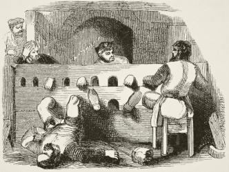 Prisoners locked in the stocks, from 'The National and Domestic History of England' by William Hickman Smith Aubrey (1858-1916) published London, c.1890 (litho) | Obraz na stenu