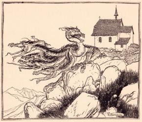 It was not long before the seven headed dragon came, loudly roaring. Illustration by Arthur Rackham from Grimm's Fairy Tale, The Two Brothers. | Obraz na stenu