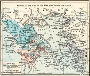 Map of Greece at the time of the war with Persia, 500 - 479 B.C. The Athenian Empire at its height. From Historical Atlas, published 1923. | Obraz na stenu