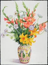 Orange and Blue Flowers in a Moroccan Vase (w/c) | Obraz na stenu