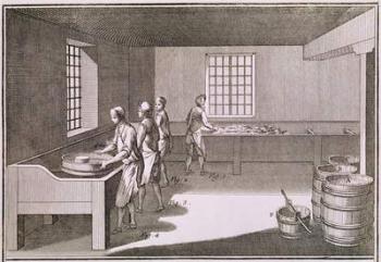 Manufacture of gunpowder, illustration from the 'Encyclopedie' by Denis Diderot (1713-84) 1751-72 (engraving) | Obraz na stenu