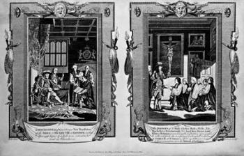 Lord Cromwell presents the bible to Henry VIII and Bishops presenting petition to James II in 1688,from 'The New and Complete Book of Martyrs', by Paul Wright (engraving) (b/w photo) | Obraz na stenu