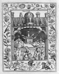 Alchemical laboratory showing various forms of furnace and vessels, taken from "Theatrum Chemicum Britannicum" by Elias Ashmole, 1652 (engraving) | Obraz na stenu