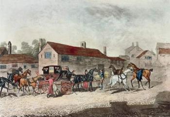 The Mail Coach Changing Horses, engraved by R. Havell, 1815 (colour litho) | Obraz na stenu