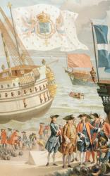 The royal flag of France flying over a French navy ship of the 18th century, from 'XVIII Siecle Institutions, Usages et Costumes', published 1875 (colour litho) | Obraz na stenu