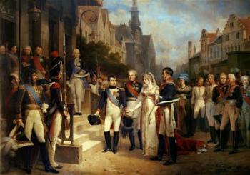 Napoleon Bonaparte (1769-1821) Receiving Queen Louisa of Prussia (1776-1810) at Tilsit, 6th July 1807, 1837 (oil on canvas) (see 167359 for detail) | Obraz na stenu