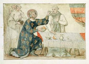 Ms 1779 fol.81 St. Louis feeding a miserly monk, from 'Memoires pour la Vie de Saint Louis' (w/c on paper) | Obraz na stenu