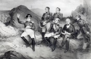 Emperor Napoleon I (1769-1821) Dictating his Memoirs to Emmanuel Las Cases (1766-1842) on St. Helena, 1860 (litho) (b/w photo) | Obraz na stenu