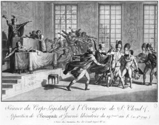 Session of the Legislative body at St.Cloud's Orangery, arrival of Bonaparte (1769-1821) Protected by two Grenadiers, 19 brumaire an 8 (10th November 1799), c.1800 (etching) (b/w photo) | Obraz na stenu