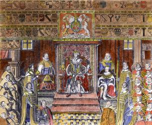 James I of England (1566-1625) at Court, (engraving) (later colouration) | Obraz na stenu