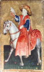 A mounted falconer, one of a set of playing cards depicting scenes of courtly hawking, Upper Rhein Area, c.1440-45 (pen and ink, w/c) (see also 87698 & 88300-03) | Obraz na stenu