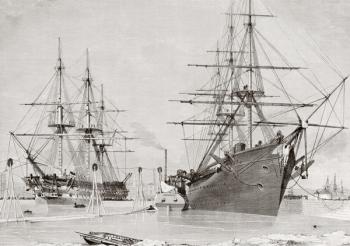 The converted warships HMS Agamemnon and USS Niagara taking aboard cable to lay for the transatlantic telegraph. From L'Univers Illustre, published Paris 1858. | Obraz na stenu
