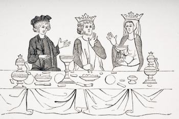 The Table of a Baron in the 13th century, after a miniature from 'Histoire de St. Graal', from 'Le Moyen Age et La Renaissance' by Paul Lacroix (1806-84) published 1847 (litho) | Obraz na stenu