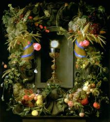 Communion cup and host, encircled with a garland of fruit | Obraz na stenu
