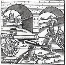 A Man loading a cannon, illustration for 'De re Militari' by Publius Flavius Vegetius Renatus (fl.390), printed by Christian Wechel, Paris, 1532 (woodcut) | Obraz na stenu