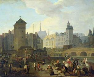 Quai de Gesvres, the Palais and Notre Dame Pump, c.1791 (oil on canvas) | Obraz na stenu