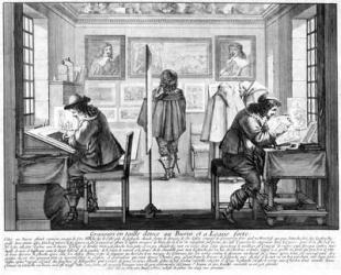 Plate engravers working with gallery behind, 1643 (engraving) (b/w photo) | Obraz na stenu