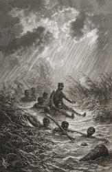 Dr. David Livingstone being carried through a swamp by porters during his expedition to Africa in 1872, illustration from 'The World in the Hands', engraved by Charles Laplante (d.1903), published 1878 (engraving) | Obraz na stenu