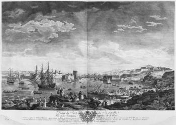 Entrance to the Port of Marseille, seen from the mountain called Tete de More, series of 'Les Ports de France', engraved by Charles Nicolas Cochin the Younger (1715-90) and Jacques Philippe Le Bas (1707-83) 1762 (etching & burin) | Obraz na stenu