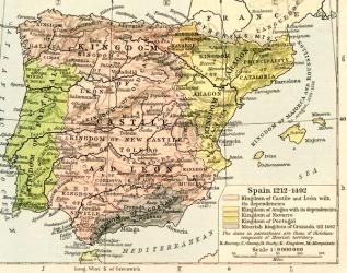 Map of Spain, 1212-1492, showing kingdom of Castile and León with its dependencies, kingdom of Aragon with its dependencies, kingdom of Navarre, kingdom of Portugal and Moorish kingdom of Granada till 1492, from Historical Atlas, published 1923 (colour li | Obraz na stenu