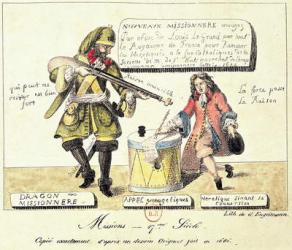 Missions of the 17th Century: The Missionary Dragoon forcing a Huguenot to Sign his Conversion to Catholicism, exact copy after an original drawing of 1686 (engraving) | Obraz na stenu