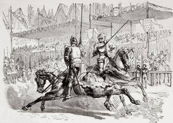 Bertrand du Guesclin, c. 1320 – 1380. French soldier and Constable of France, refuses to joust against his father, Sir Regnault du Guesclin. From L'Univers Illustre published in Paris in 1868. | Obraz na stenu